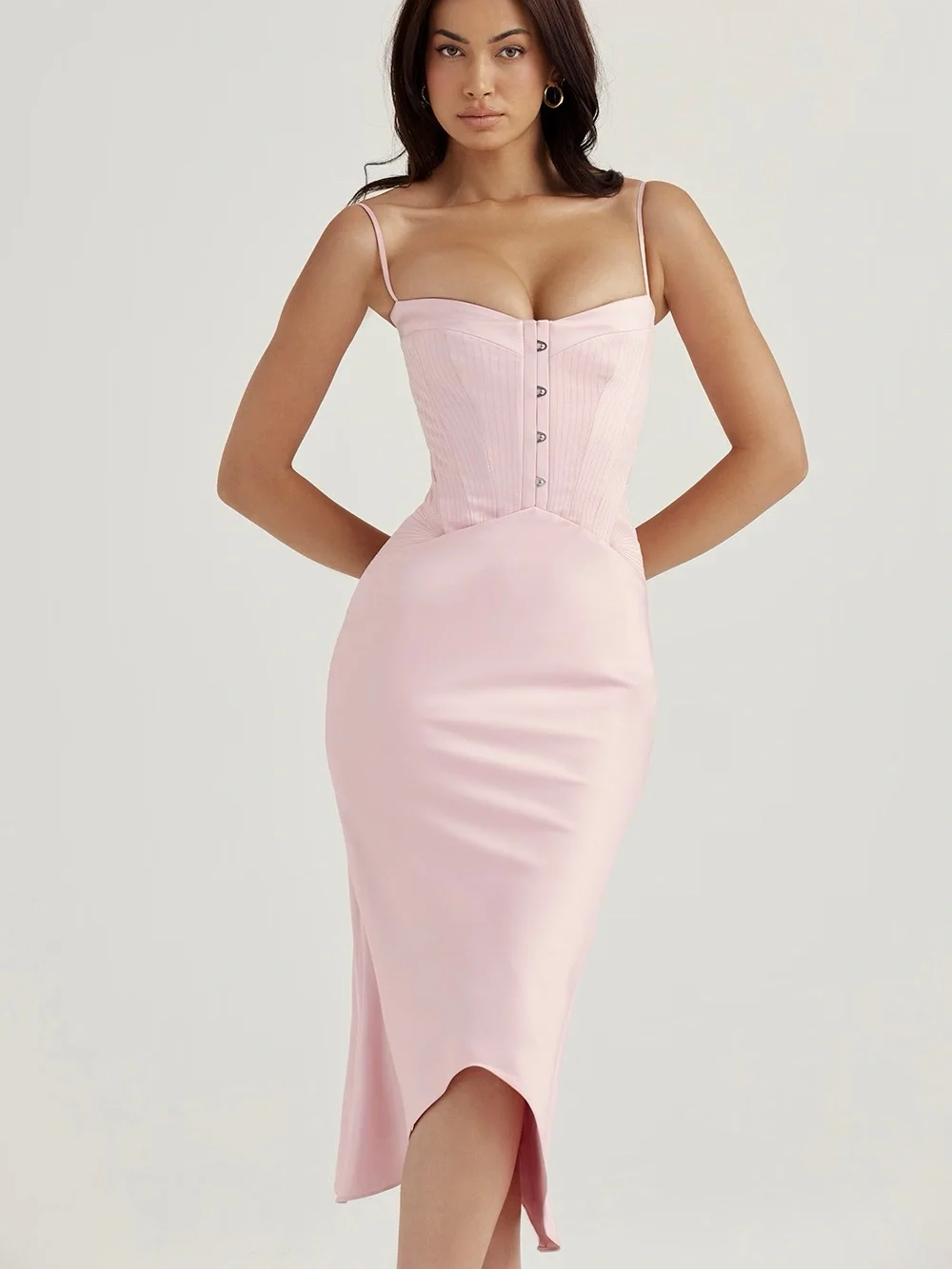 NWOT House of CB Imogen Rose Pink Satin Corset Midi Dress in Blush Pink